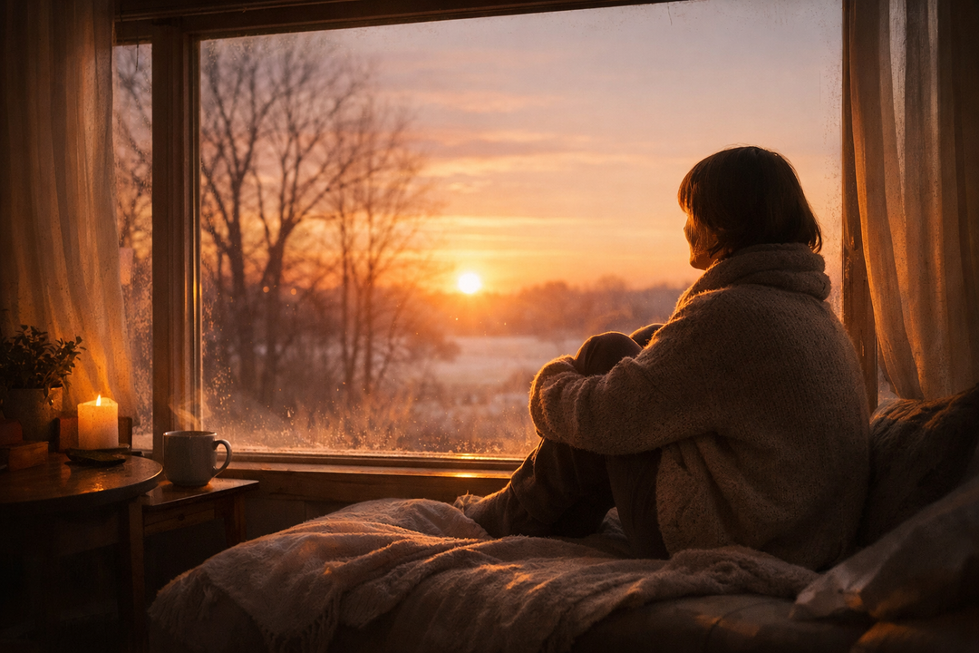 Person practicing self-love by sitting by a window and watching a sunrise on a winter morning, creating a calm and reflective mood.