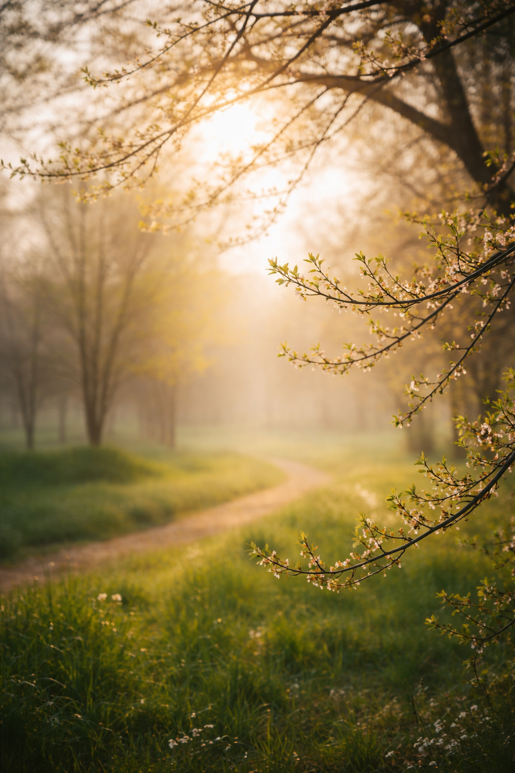 Early spring morning light over budding trees, representing renewal, reflection, and seasonal transition.
