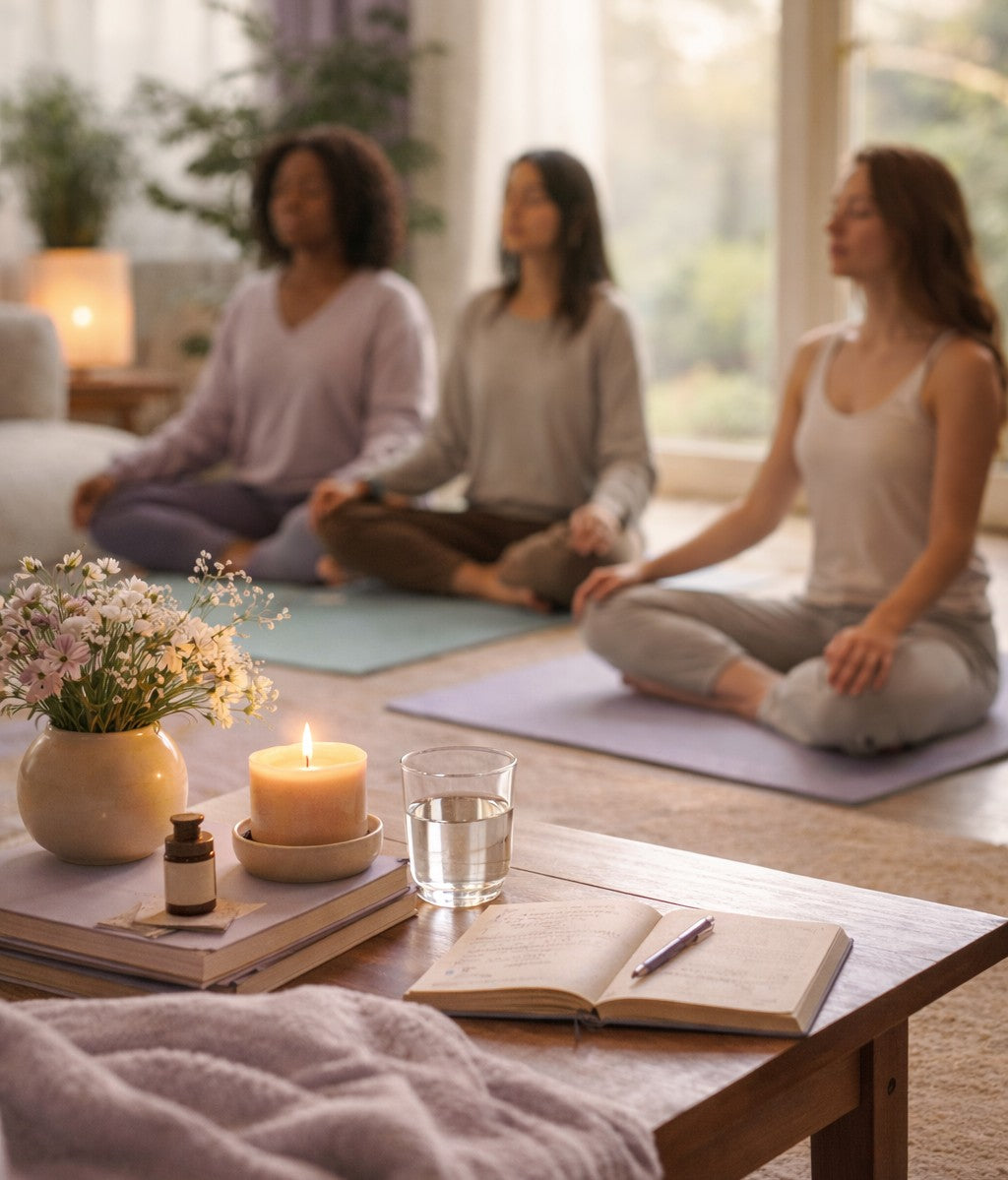 Three women seated on yoga mats practicing meditation.