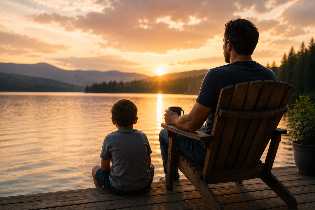 Father and child sitting by a lakeside dock at sunset, enjoying a peaceful moment together that reflects the importance of self-care, family connection, and fatherhood.