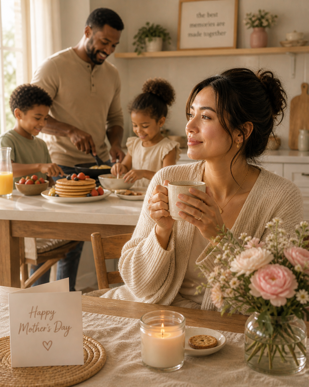 An Asian mother sits at a table in a softly lit kitchen, peacefully holding a cup of tea. In the background, slightly out of focus, a Black father and two biracial children prepare breakfast together, creating a warm and supportive Mother’s Day scene.