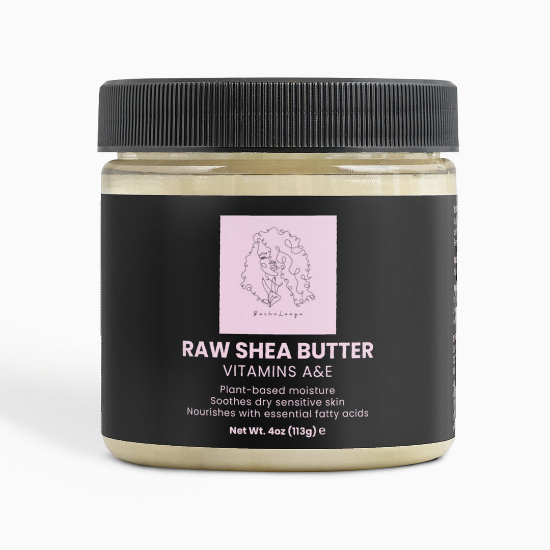 Bashe Leaya raw shea butter in a clear jar with a black lid and black label, featuring the brand logo and product name on the front.