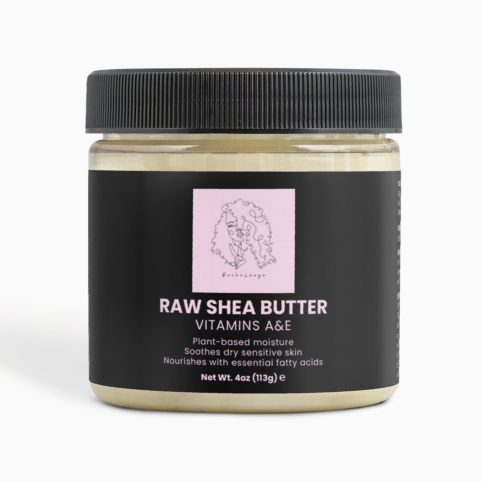 Bashe Leaya raw shea butter in a clear jar with a black lid and black label, featuring the brand logo and product name on the front.