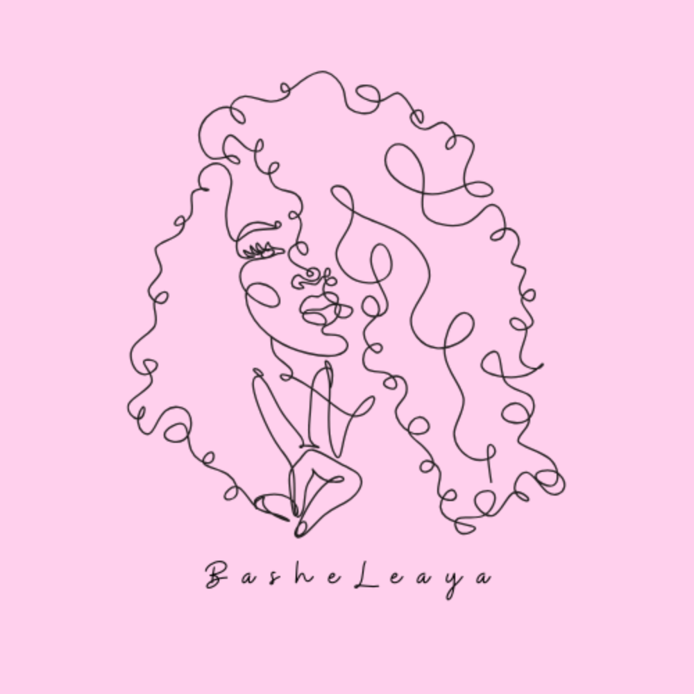 Bashe Leaya skin care logo featuring a minimalist continuous-line illustration of a woman with full curly hair on a soft pink background, with the brand name written below in a handwritten-style script.
