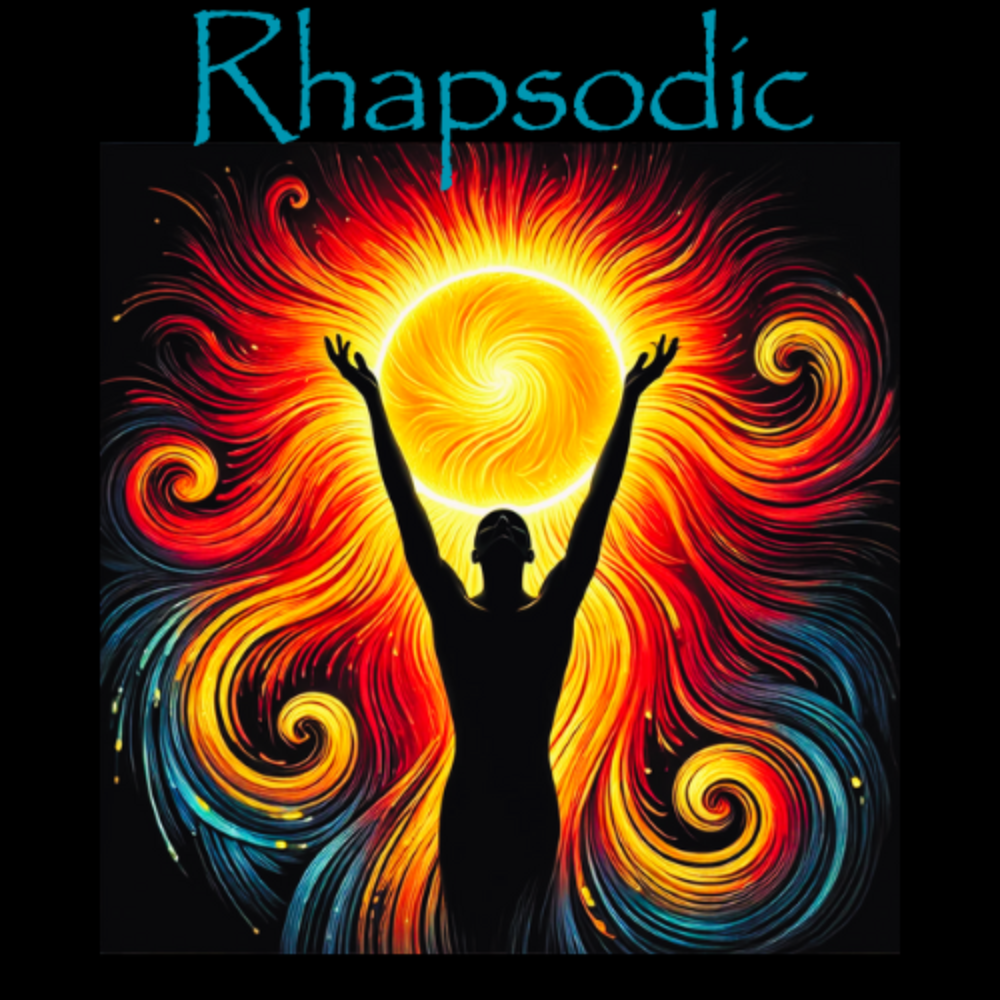 Rhapsodic supplement brand image featuring a silhouetted human figure with raised arms centered beneath a glowing circular form, surrounded by swirling red, gold, and blue abstract patterns on a dark background.